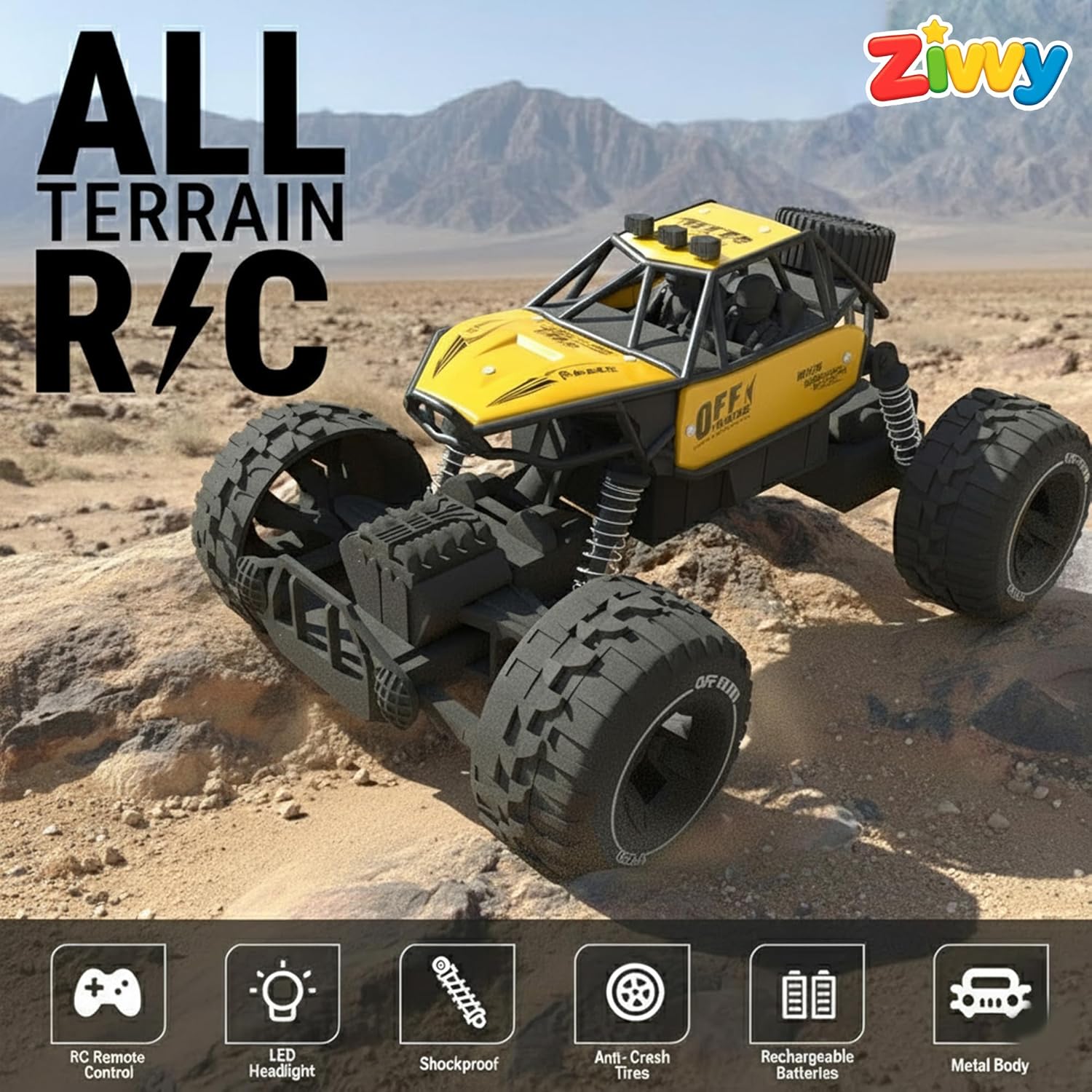 Yellow RC Car Rock Crawler Remote Control Car with LED Headlight, Rechargeable Battery High Speed Off Road RC Car, Monster Truck Toy Car for Kids & Boys 7-14 Years | Remote Control Car Toy Gift
