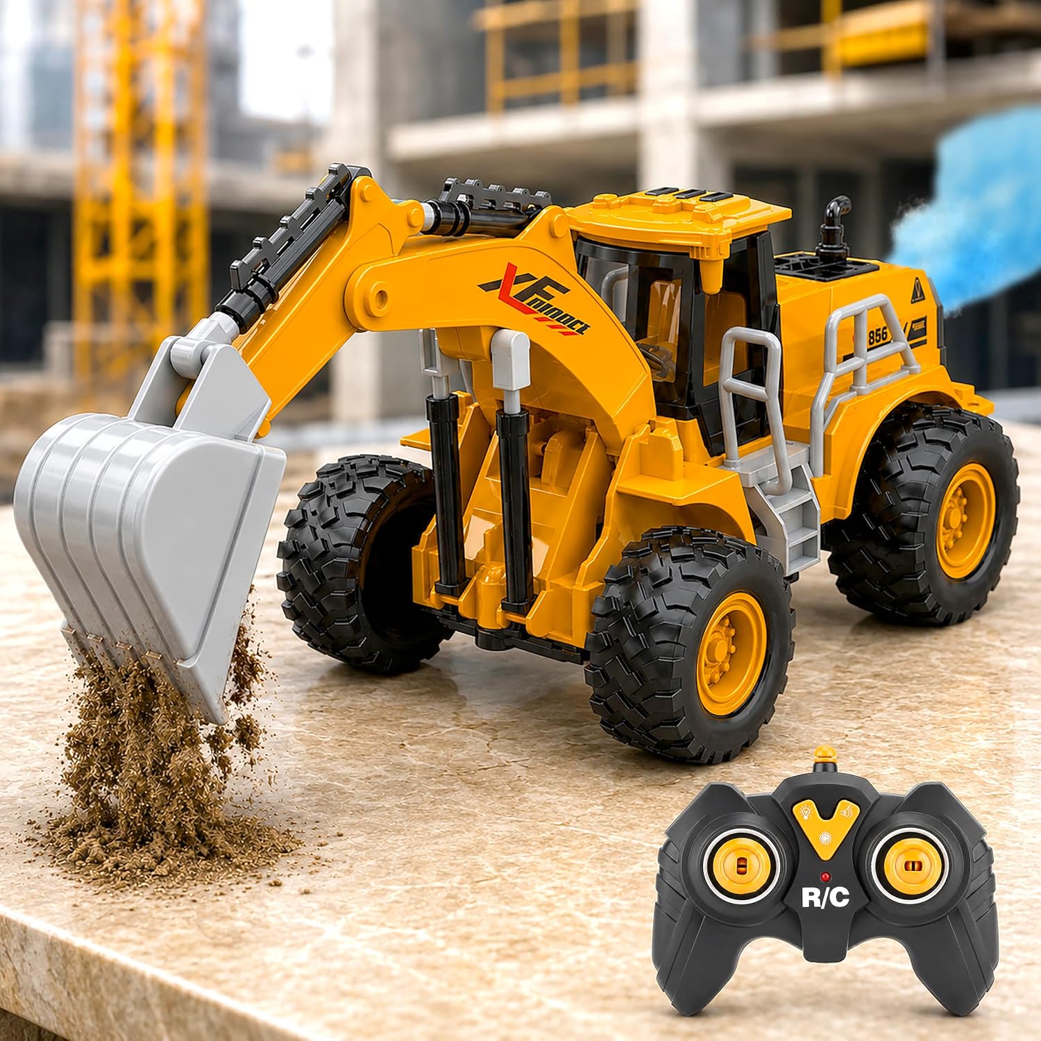 VGRASSP 2.4GHz Remote Control Excavator Toy for Kids with LED Lights and Mist Spray Effect - Rechargeable RC Construction Vehicle with Manual Working Arm - Indoor and Outdoor Play Gift - Multicolor